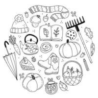 conjunto de elementos de outono em estilo simples doodle em forma de círculo. ilustração em vetor preto e branco isolada no fundo. outono aconchegante.