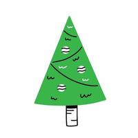 árvore triangular de natal com brinquedos em estilo simples de desenho animado linear. ilustração vetorial feliz ano novo e feliz natal. vetor