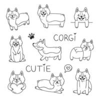 conjunto de cães corgi fofos preto e branco no estilo doodle simples. ilustração vetorial. vetor