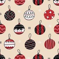 padrão perfeito com diferentes bolas de natal preto-branco-vermelho no estilo doodle bonito em um fundo rosa. vector ano novo e fundo de ilustração de Natal.