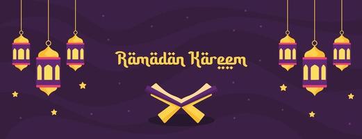 ilustração de ramadan kareem com al quran e conceito de lanterna. estilo de desenho animado de design plano vetor