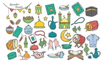 conjunto de elemento de doodle islâmico relacionado ao ramadã de azevinho. símbolos e ícones islâmicos do conceito de design com estilo de esboço desenhado à mão vetor