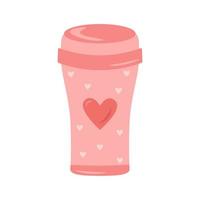 Termocup reutilizável com estampa de corações rosa para o conceito de desperdício zero. para bebidas quentes, café, chá, cacau. ilustração vetorial em estilo cartoon. vetor
