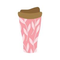 Termocup reutilizável com estampa de folha e galho rosa para o conceito de desperdício zero. para bebidas quentes, café, chá, cacau. ilustração vetorial em estilo cartoon. vetor