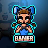 design de logotipo de esport de mascote de garota gamer vetor