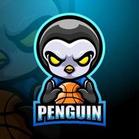design de logotipo esport de mascote de pinguim de basquete vetor