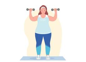 ilustração mulher gorda com excesso de peso com halteres. conceito de estilo de vida saudável e esportes para perda de peso vetor