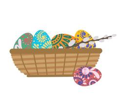 ovos de páscoa e um raminho de salgueiro em uma cesta vetor