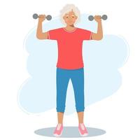 mulher idosa em roupas esportivas treina com halteres. uma avó aposentada, uma pensão e um estilo de vida saudável vetor