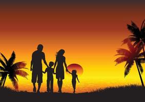 família silhueta em pé ao pôr do sol vetor