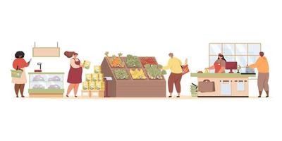 ilustração vetorial de clientes escolhendo e comprando produtos frescos em mercearia espaçosa. vetor