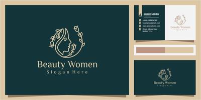 inspiração de design de logotipo de mulheres de beleza com cartão de visita para cuidados com a pele, rosto de beleza com combinação de flores vetor
