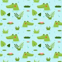 crocodilos em quadrinhos amigáveis nadando no padrão vetorial sem costura vetor