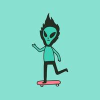 personagem alienígena com cabeça em chamas anda de skate, ilustração para camiseta, adesivo ou mercadoria de vestuário. com estilo cartoon retrô. vetor