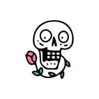 cabeça de esqueleto engraçada com rosas, ilustração para t-shirt, adesivo ou mercadoria de vestuário. com estilo cartoon retrô. vetor
