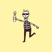 hype crânio usando chapéu e óculos de sol segurando garrafa de cerveja, ilustração para t-shirt, adesivo ou mercadoria de vestuário. com estilo cartoon retrô. vetor