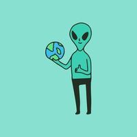 personagem alienígena segurando o planeta Terra, ilustração para t-shirt, adesivo ou mercadoria de vestuário. com estilo cartoon retrô. vetor
