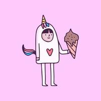 menino bonito vestindo fantasia de unicórnio segurando sorvete. ilustração para camiseta, pôster, logotipo, adesivo ou mercadoria de vestuário.