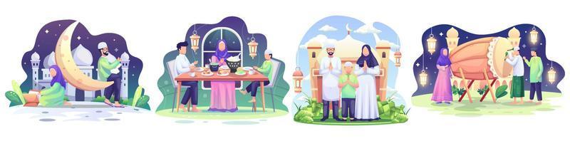 conjunto de ilustração do conceito do ramadã. pessoas muçulmanas felizes celebram o mês sagrado do ramadã, iftar, leia o Alcorão, eid mubarak saudação. ilustração vetorial vetor
