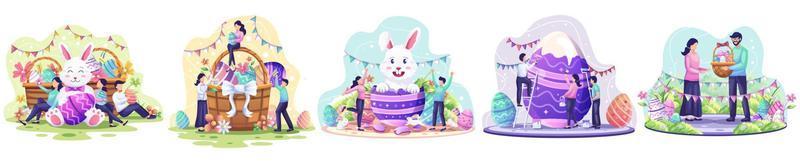 conjunto de feliz dia de páscoa. as pessoas comemoram o dia da páscoa com coelhinhos, cestas cheias de ovos de páscoa, flores e decorações. ilustração vetorial vetor