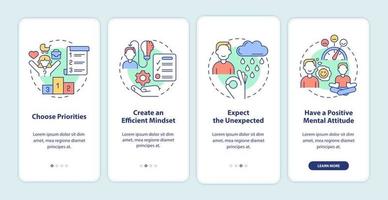 dicas de vida equilibradas na tela do aplicativo móvel. Benefícios de autocuidado passo a passo 4 etapas páginas de instruções gráficas com conceitos lineares. ui, ux, modelo de gui. uma miríade de fontes regulares pró-negrito usadas vetor