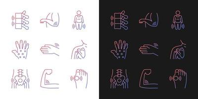 ícones de gradiente de inflamação articular definidos para o modo escuro e claro. artrite reumatóide. músculos fracos. pacote de símbolos de contorno de linha fina. coleção de ilustrações de contorno vetorial isolado em preto e branco vetor