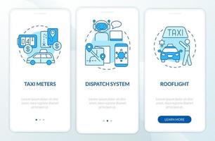 equipamento para a tela do aplicativo móvel onboarding azul e branco do negócio de táxi. passo a passo da empresa 3 etapas páginas de instruções gráficas com conceitos. ui, ux, modelo de gui. uma miríade de fontes regulares pró-negrito usadas vetor