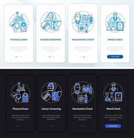 exame físico tela da página do aplicativo móvel de integração escura e clara. passo a passo 4 passos instruções gráficas com conceitos. modelo de vetor ui, ux, gui com ilustrações lineares de modo noturno e diurno