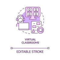 ícone de conceito roxo de sala de aula virtual. Videoconferência. ilustração de linha fina de idéia abstrata de aprendizagem eletrônica. desenho de contorno isolado. traço editável. roboto-medium, inúmeras fontes pró-negrito usadas vetor