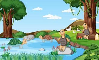 rio na floresta com tartarugas em estilo cartoon vetor