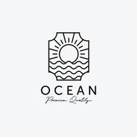 emblema de sunburst no logotipo da arte da linha do horizonte, ilustração da água marinha, design do pôr do sol na praia, vetor do conceito marítimo do mar