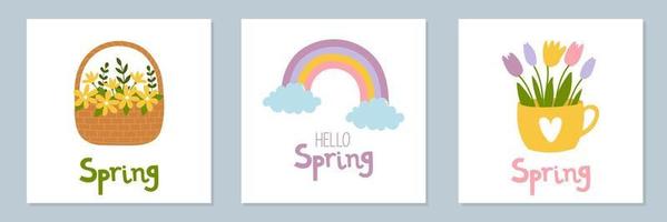 conjunto de modelo de cartazes de humor de primavera. cartão de boas-vindas da temporada de primavera. postais minimalistas com elementos de desenho animado e letras. estilo simples doodle vetor