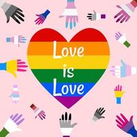 banner para o mês do orgulho. mão na cor gay, transgênero, lésbica, bissexual, pansexual, assexual, intersex, genderqueer, heterossexual. cartaz para apoiar a igualdade e a homossexualidade, o amor é o conceito de amor vetor