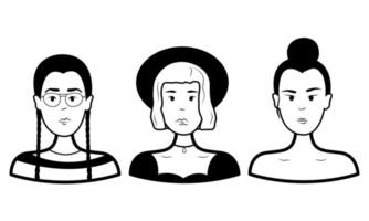 doodle conjunto rosto de pessoas. três meninas. contorno vetorial. ilustração em preto e branco vetor