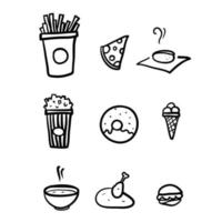 conjunto desenhado à mão de alimentos, ícones de linha vetorial relacionados a bebidas no vetor de estilo doodle