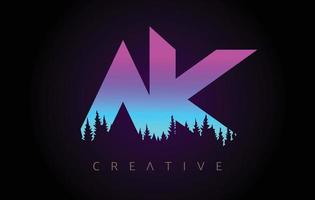 design de logotipo de letras ak com cores azuis roxas e ícone de vetor de conceito de árvores de floresta de pinheiros