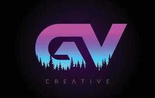 design de logotipo de letras gv com cores azuis roxas e ícone de vetor de conceito de árvores de pinheiro