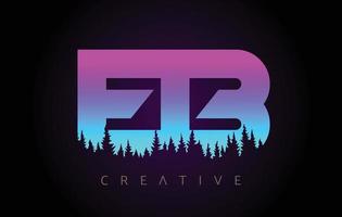 design de logotipo de letras eb com cores azuis roxas e ícone de vetor de conceito de árvores de pinheiro