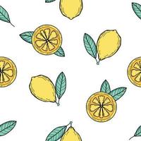 estilo bonito e colorido de frutas de verão amarelo e folhas com linhas pretas, vetor padrão sem emenda. design para moda, tecido, têxtil, papel de parede, capa, web, embalagens e todas as estampas