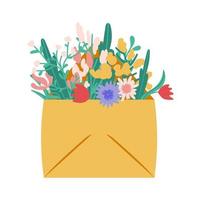 cartão para 8 de março, buquê de flores do dia das mães. dia da mulher. Olá Primavera. um envelope cheio de flores silvestres. belo pôster, banner, adesivo, estampa de camiseta ou outro design. vetor