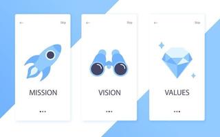 missão, visão e valores ícones de design de estilo plano sinais web conceitos ilustração vetorial conjunto. vetor