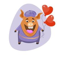 um porco bonito dos desenhos animados segurando um balão em forma de coração. modelo de um cartão postal no dia dos namorados. vetor