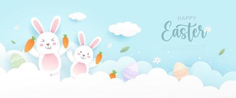feliz páscoa com coelhinho fofo ou coelho, ovos de páscoa, cenoura e elementos festivos no céu azul em estilo de corte de papel. ilustração vetorial vetor