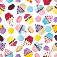 padrão perfeito com cupcakes fofos, biscoitos e merengues em um fundo branco em um estilo plano de desenho animado vetor