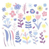 conjunto de flores da primavera. estilo doodle de cores pastel. vetor