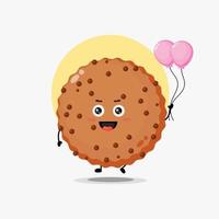 ilustração de personagem de biscoito de chocolate fofo carregando balão