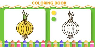 livro de colorir de desenhos animados desenhados à mão de cebola colorida e preta e branca para crianças vetor