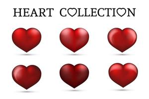 coleções de coração vermelho. conjunto de seis corações realistas isolados no fundo branco. ícones 3D. ilustração em vetor dia dos namorados. modelo de design fácil de editar.