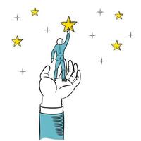 doodle de mão gigante, ajudando um empresário a alcançar as estrelas. ilustração vetorial de negócios. vetor