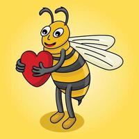 abelha fofa amarela carregando uma ilustração vetorial de coração vetor